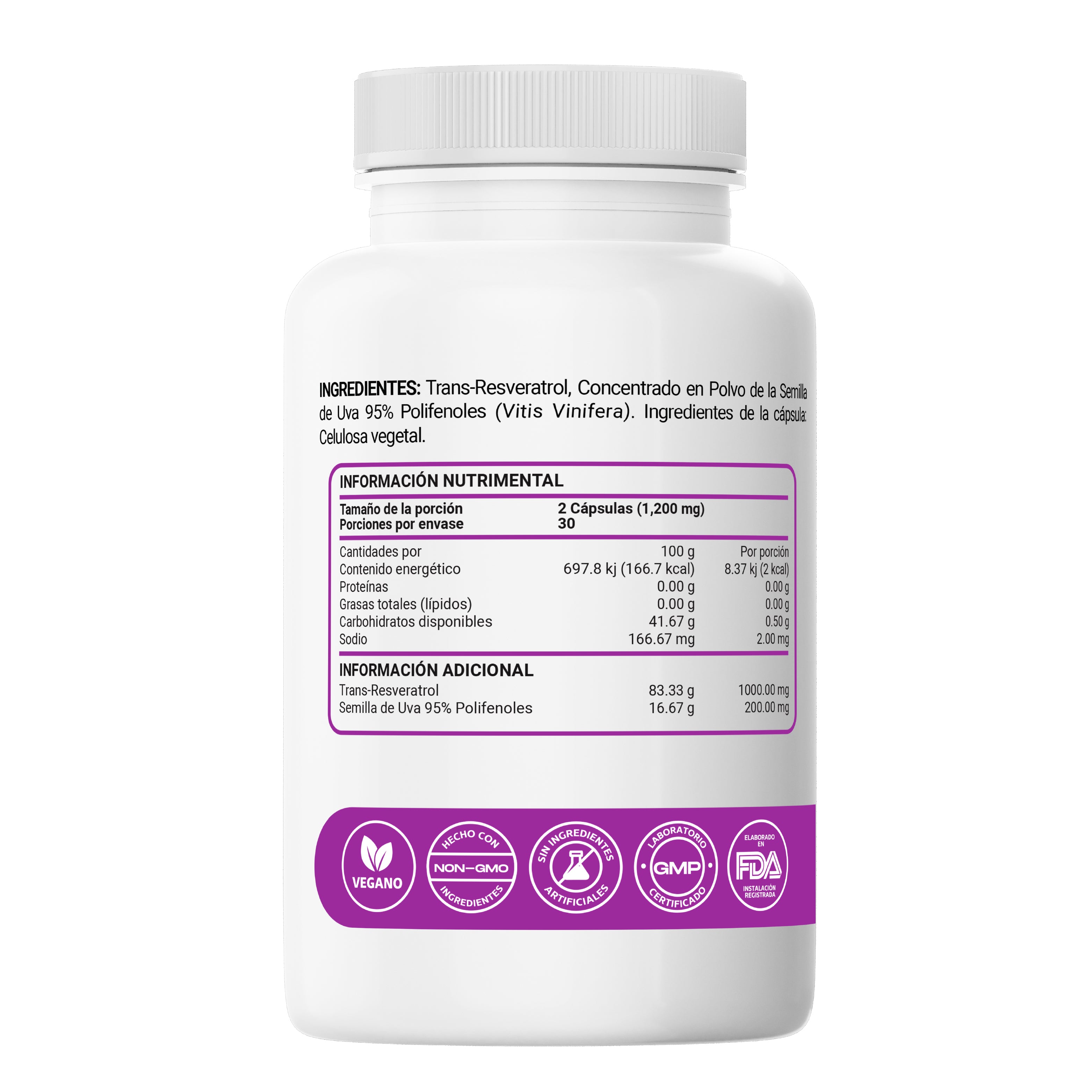 Trans Resveratrol 1000mg con Semilla de Uva 95% Polifenoles Cápsulas Veganas Vcaps – 60 Cápsulas