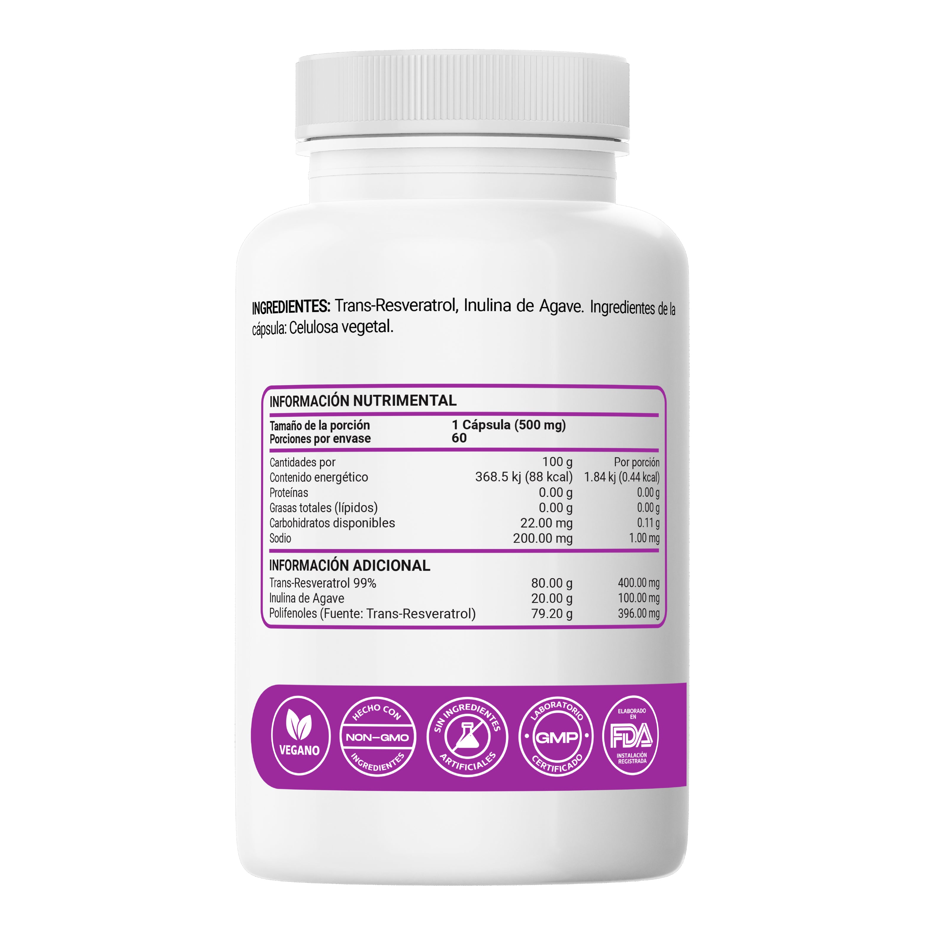 Trans Resveratrol 99% 400mg con Inulina de Agave - Cápsulas Veganas Vcaps – 60 Cápsulas