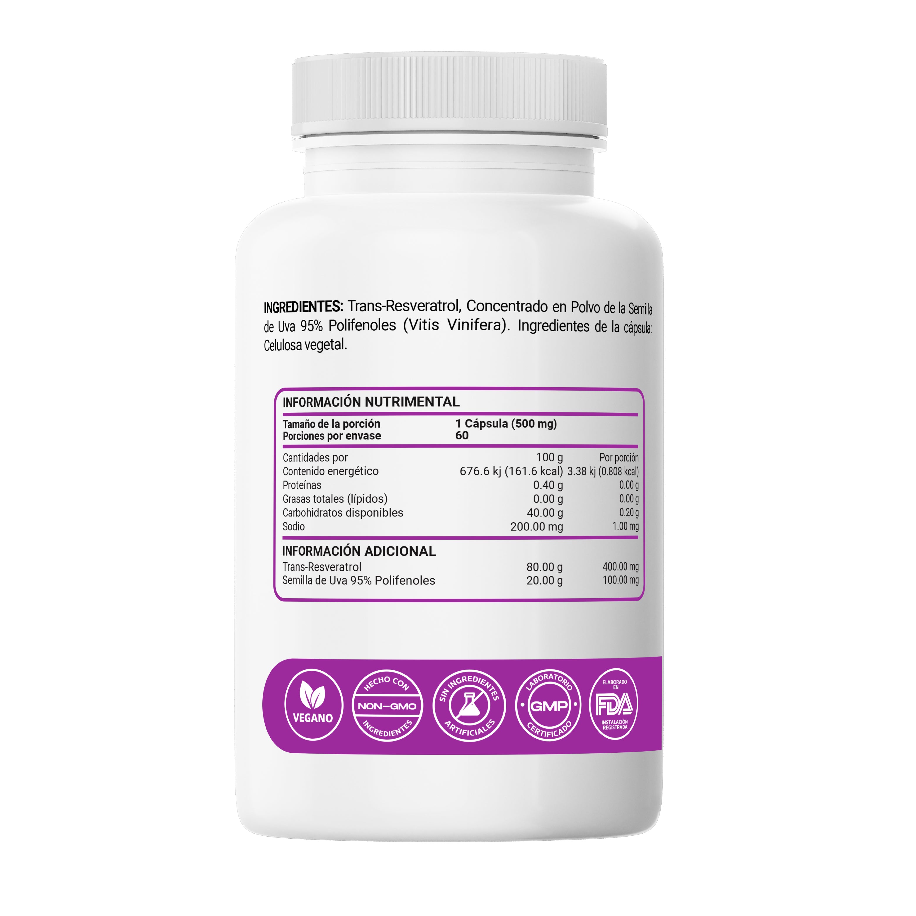 Trans Resveratrol 400mg con Semilla de Uva 95% Polifenoles – Cápsulas Veganas Vcaps 60 Cápsulas