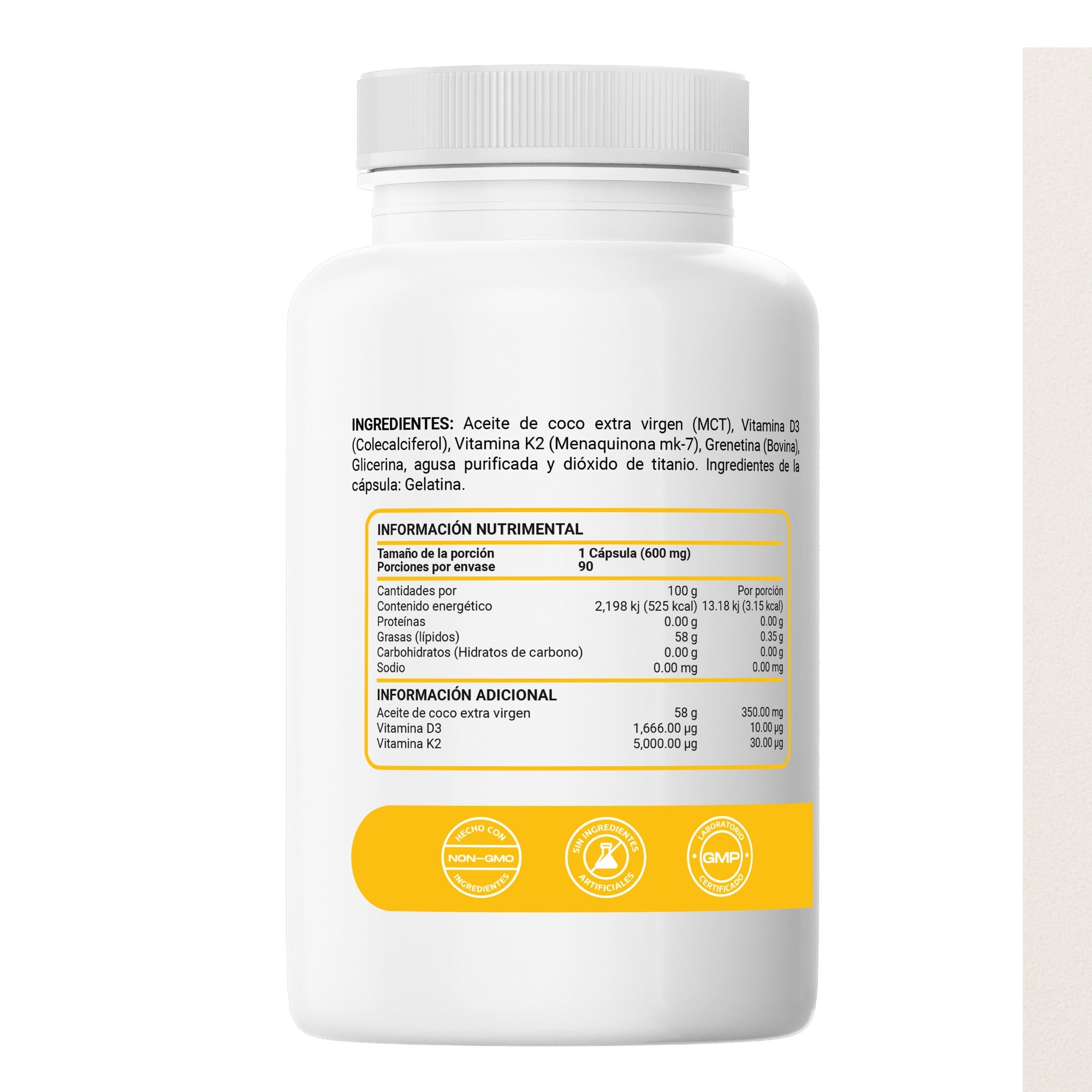 Vitamina D3 + Vitamina K2 con Aceite de Coco Extra Virgen | MCT (Trigliceridos) para Mayor Absorción | Cápsula Blanda Premium (90 Caps)