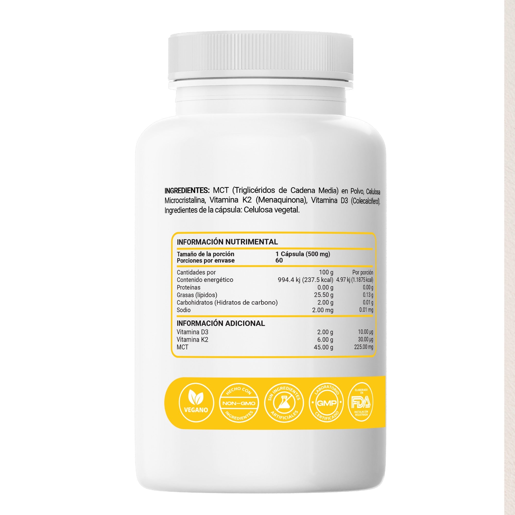 Ultra Vitamina D3 K2 MCT | Complejo de Vitamina D3 Vegana y K2  con Aceite MCT - 60 Cápsulas Vcaps