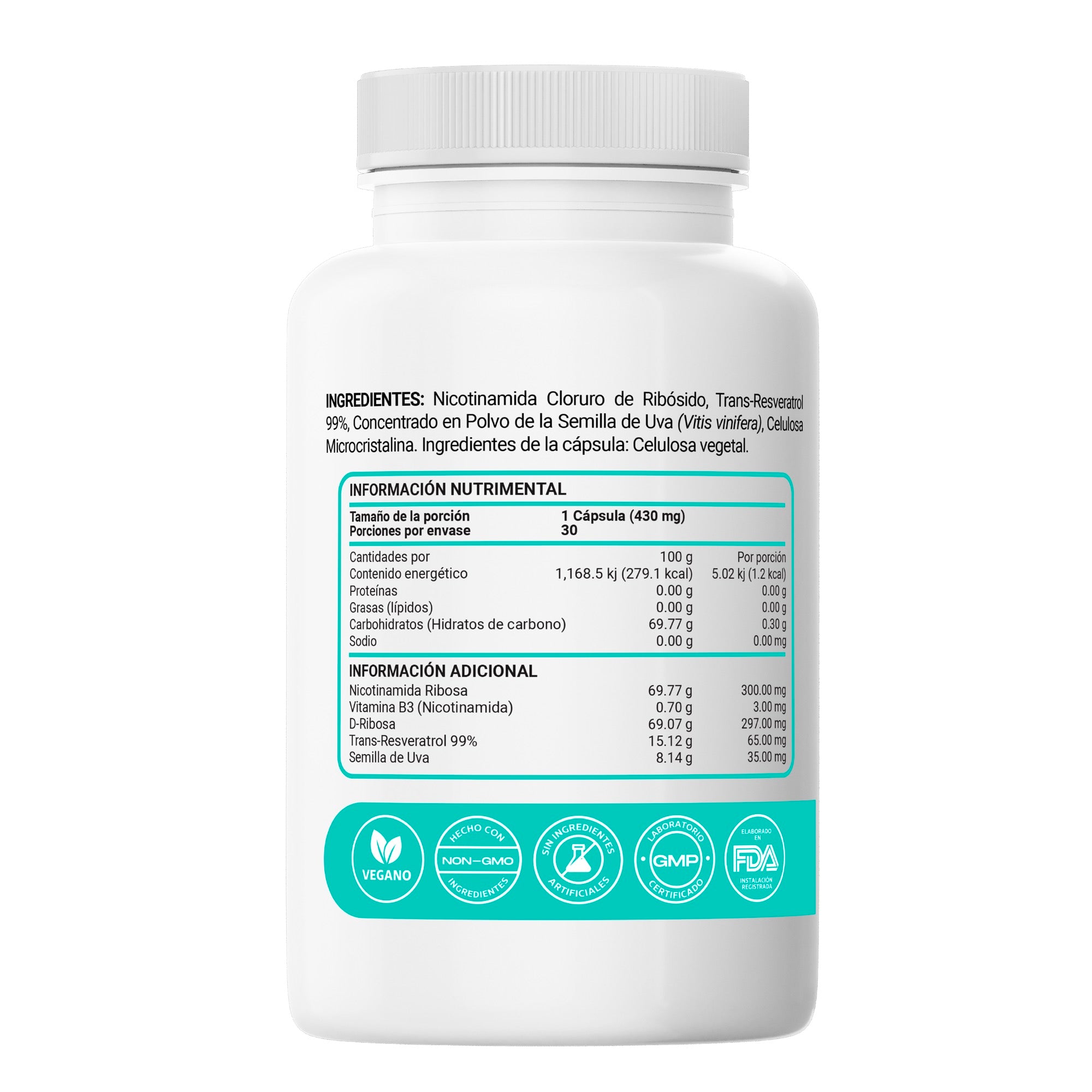 NAD+ Ultra | con Nicotinamida Ribosa y Trans-Resveratrol 99% - 30 Cápsulas