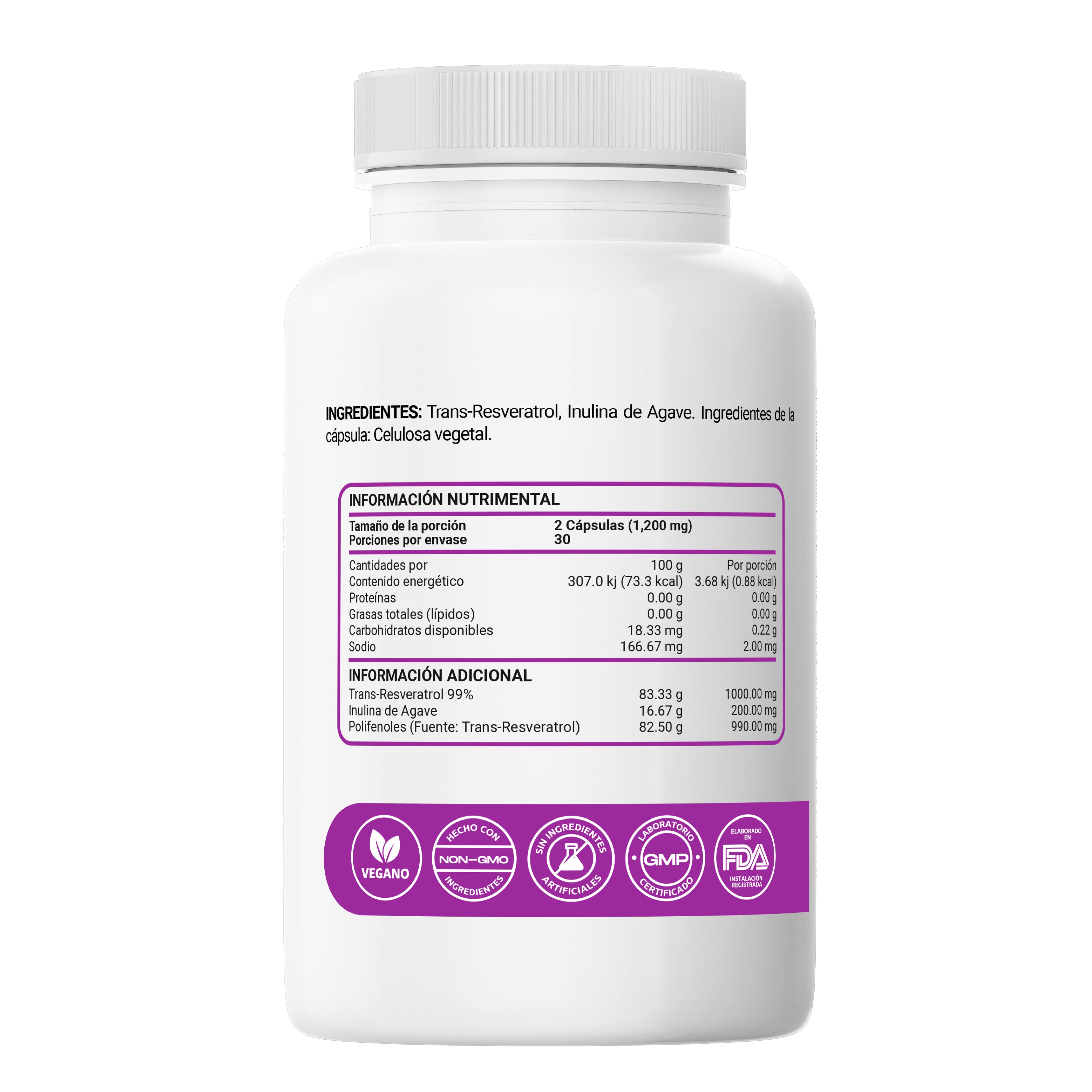Trans Resveratrol 99% 1000mg + Inulina de Agave Cápsulas Veganas Vcaps – 60 Cápsulas (Copia)