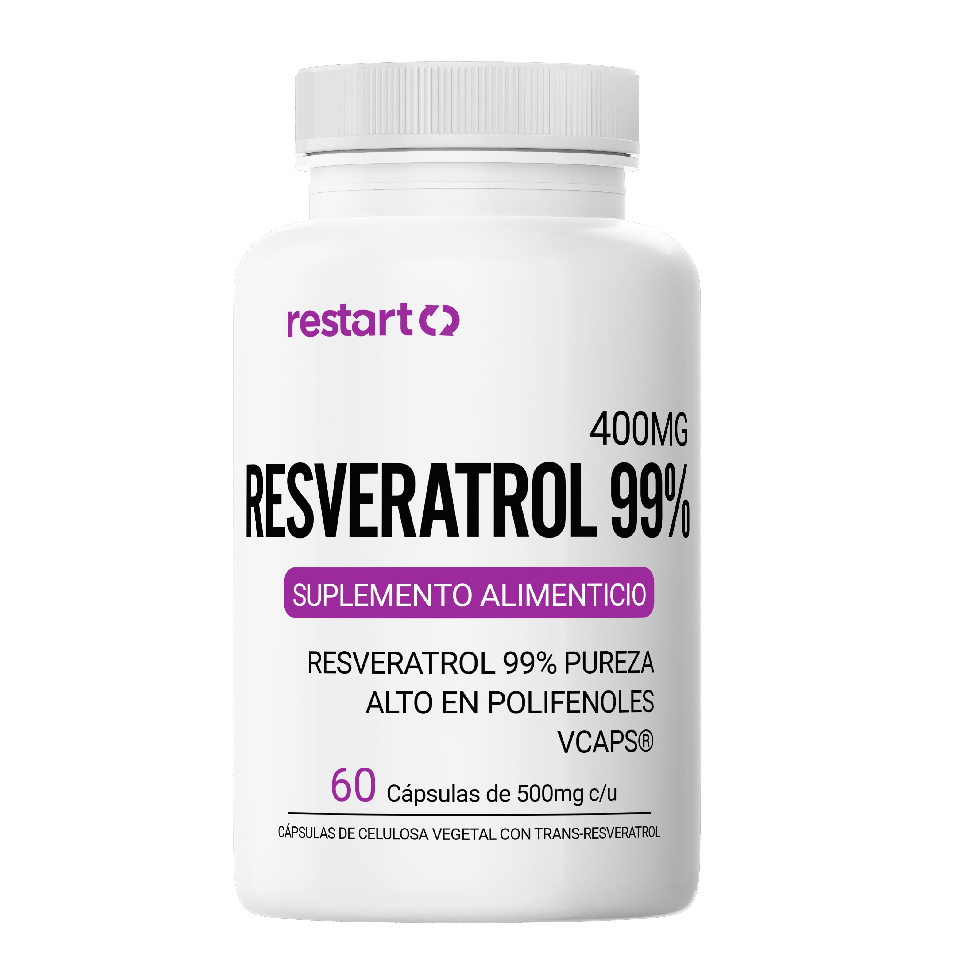 Trans Resveratrol 99% 400mg con Inulina de Agave - Cápsulas Veganas Vcaps – 60 Cápsulas